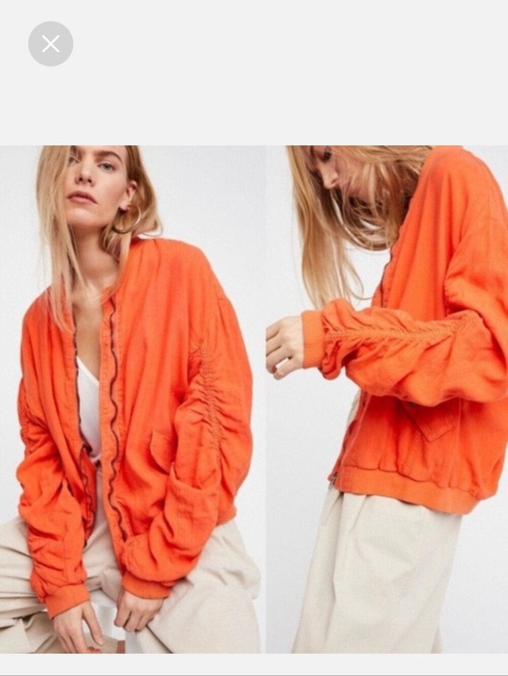 Free People Orange Ruched-Sleeve Bomber Jacket